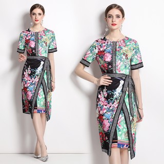 Đầm Chữ a Tay Ngắn Cổ Tròn In Họa Tiết retro Thời Trang Dành Cho Nữ