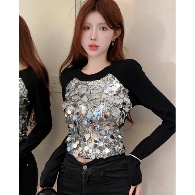 Áo Thun Tay Dài Đính Kim Sa Lấp Lánh Dễ Phối Đồ Thời Trang Mùa Thu