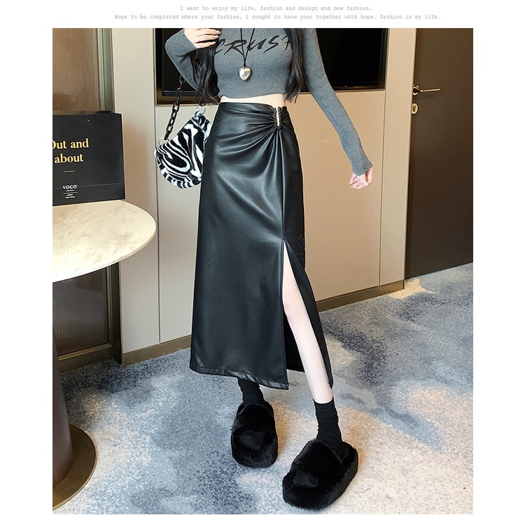 Liasynn Dụng Cụ Đóng Mắt Nằm Đóng ~ Công Cụ Cầm Tay Chân Dài!Chân Váy Da Dáng Chữ a Lưng Cao Xẻ Tà Thời Trang Thu Đông Cho Nữ