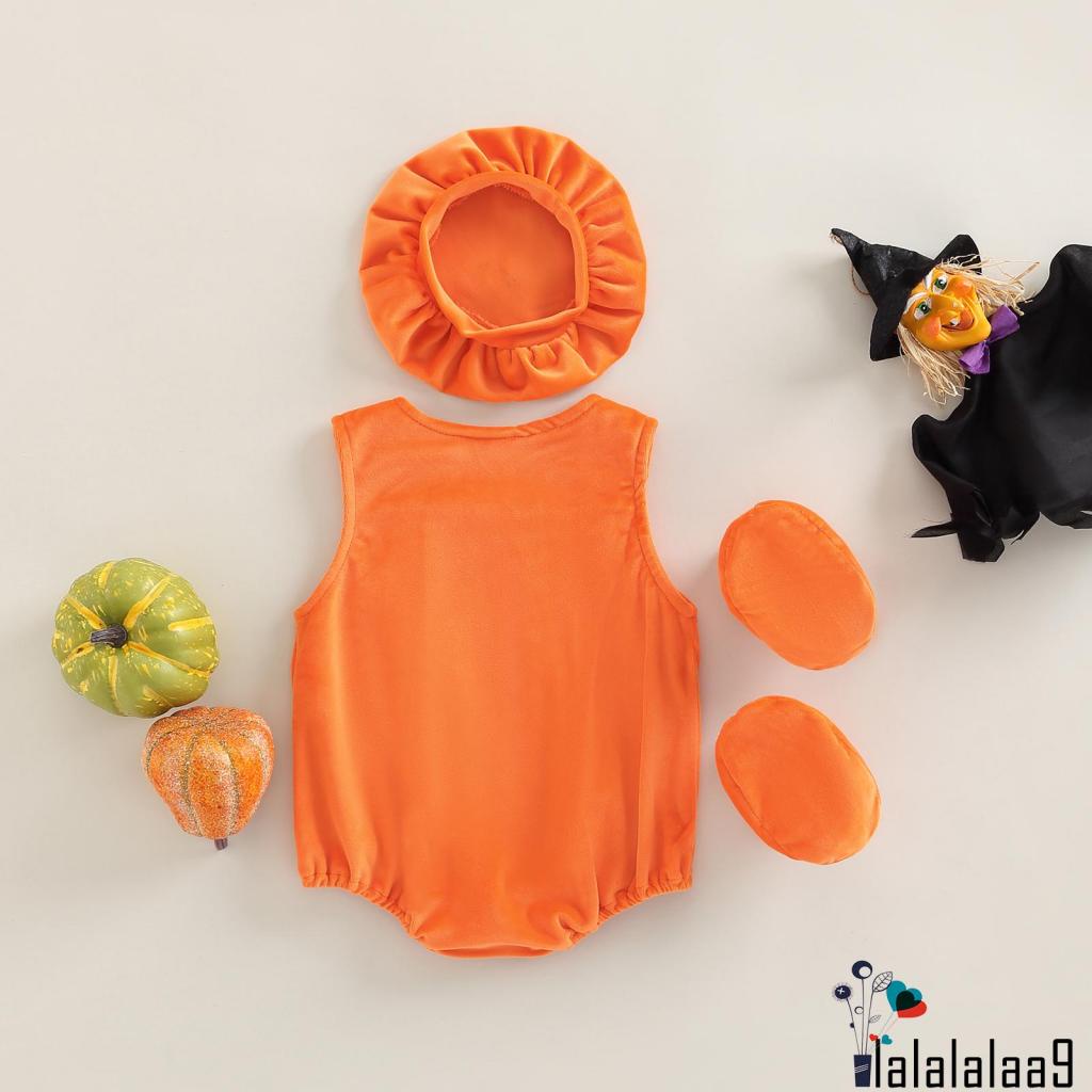 La-baby Bộ Áo Liền Quần Sát Nách Thêu Họa Tiết Bí Ngô Mặt Cười Kèm Giày Vớ Phong Cách halloween Cho Bé