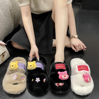  CHZK Dép Lông Dép Bông Bản 2 Quai Gắn Gấu Cute Đi Được Ngoài Trời Và Trong Nhà 