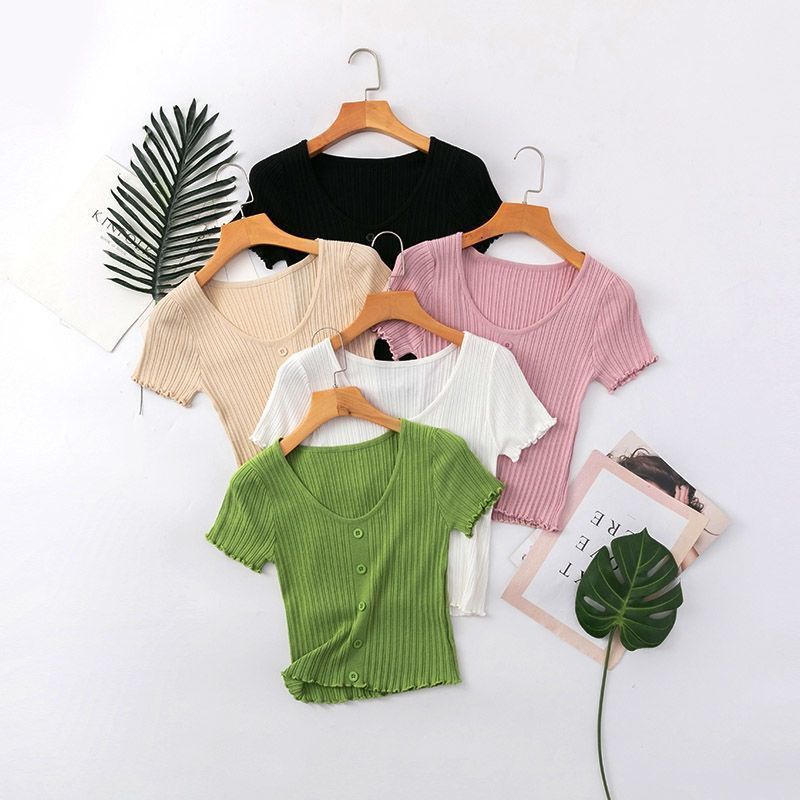 Áo Thun Ngắn Tay Cổ Chữ v Màu Trơn Phong Cách retro Thời Trang Mùa Hè Mới Dành Cho Nữ