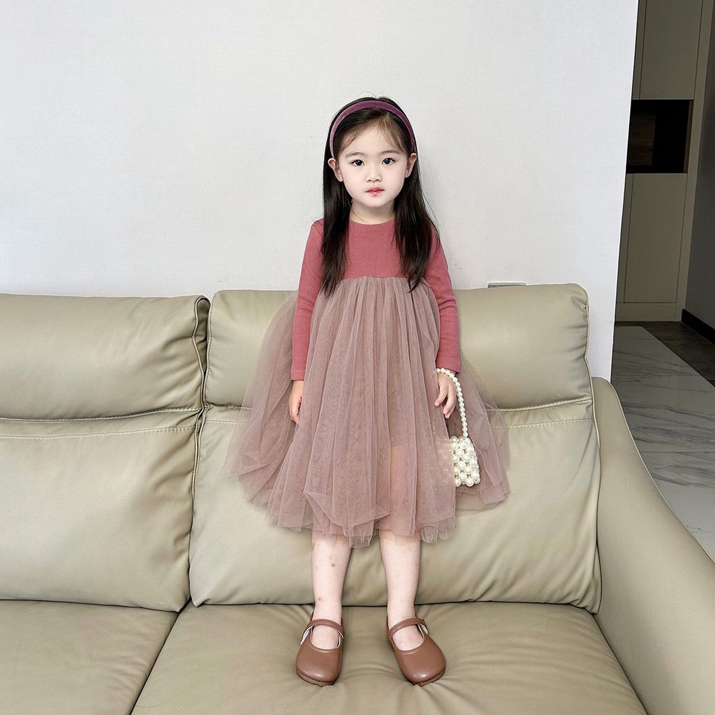 Đầm Công Chúa Tay Dài Phối Lưới Thời Trang Mùa Thu Xinh Xắn Cho Bé Gái
