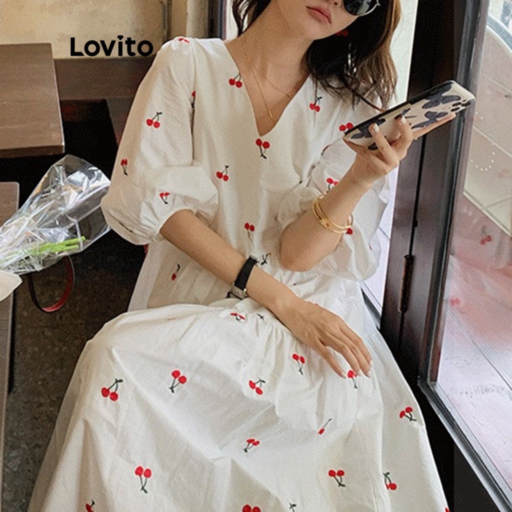 Đầm midi Lovito tay ngắn cổ V họa tiết trái cây thường ngày cho nữ LNA13079 (Trắng)