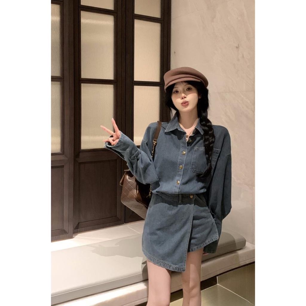 Set Áo Khoác Jeans Dài Tay + Chân Váy Jeans Thời Trang Hàn Cho Nữ 3n