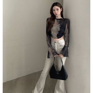 Áo thun dài tay phối dây rút thiết kế bất đối xứng cá tính