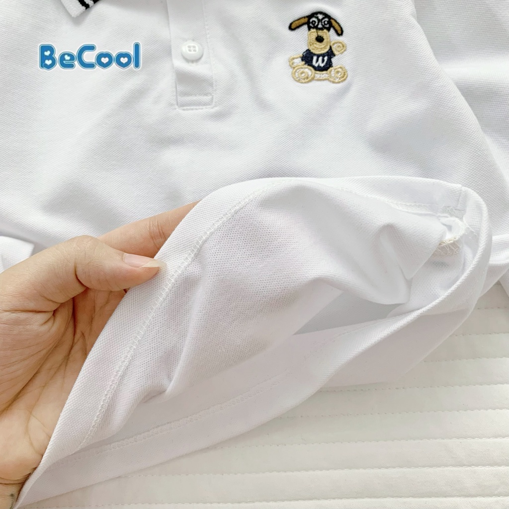 Áo Polo Dài Tay Thêu Hình Gấu Cho Bé Chất Thun Cotton Cao Cấp BeCool, Áo Dài Tay Thu Đông Cho Bé Từ 10-27kg