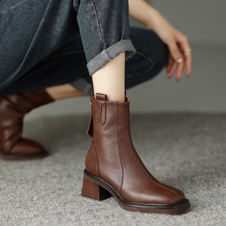 Giày Boot Đế Dày Mũi Vuông Có Dây Kéo Thời Trang Hàn Quốc Cho Nữ size 35-40