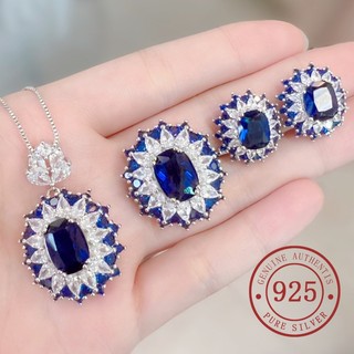 Bộ trang sức ba món nhẫn + bông tai mạ bạc 925 đính đá xanh lam sang trọng