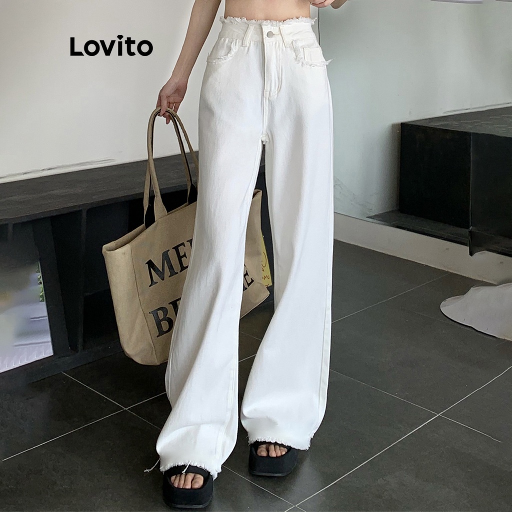 Quần jean Lovito viền thô có túi phối nút thời trang thường ngày cho nữ LNE13105