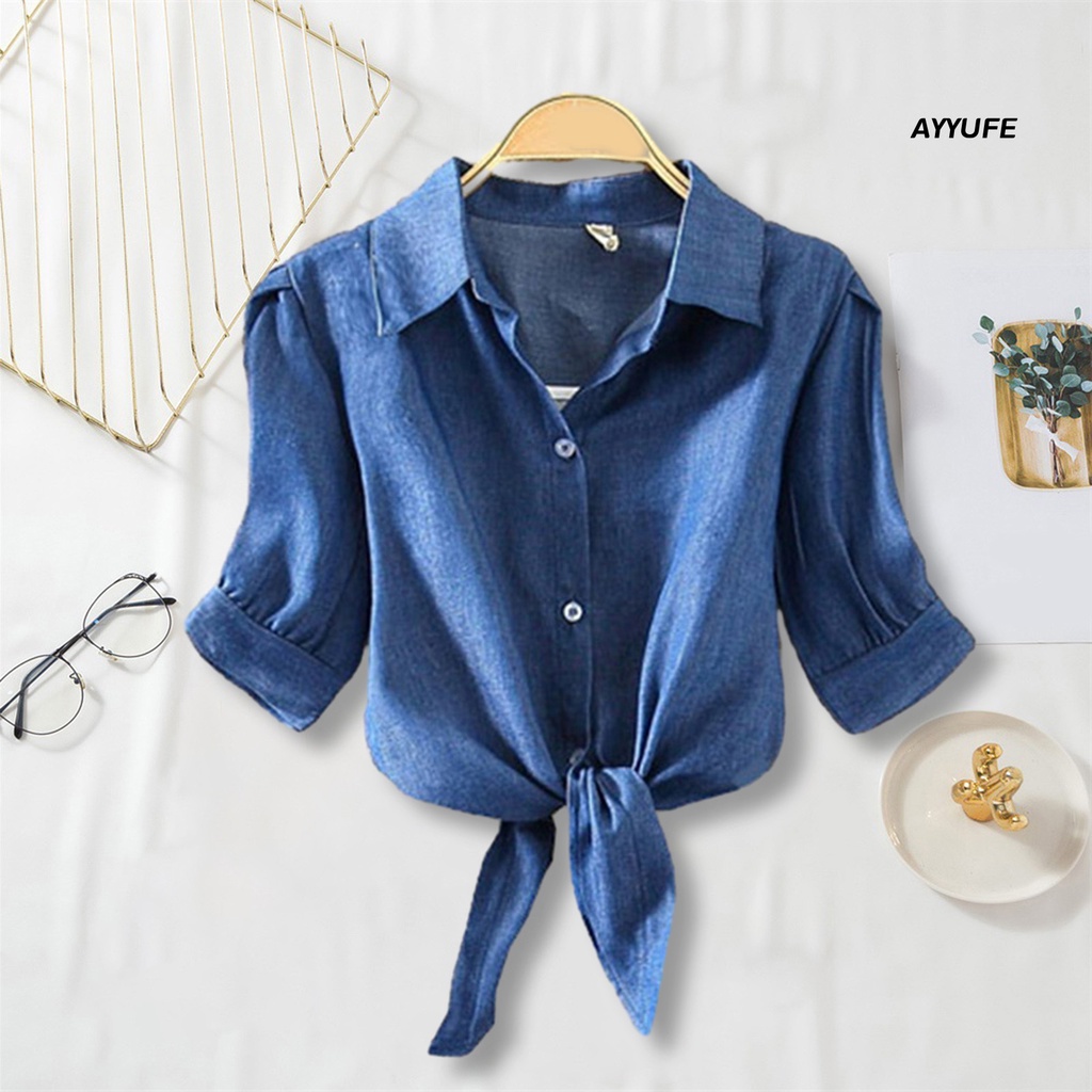 Ayyufe Áo Sơ Mi Tay Lửng Thắt Nút Màu Trơn Thời Trang Xuân Thu Cho Nữ