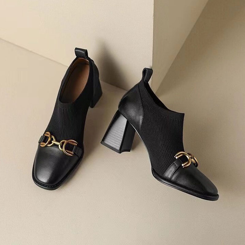 Hong Kong Premium shoes❥Giày Bốt Cao Gót Da Mềm Mũi Vuông Miệng Nông Kiểu retro Pháp Xinh Xắn Cho Nữ