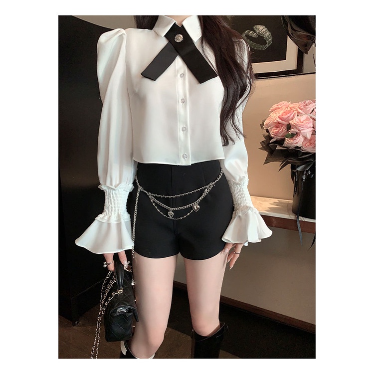 Áo Sơ Mi chiffon Tay Loe Thắt Nơ Phong Cách Pháp Thời Trang Xuân Thu 2023 Cho Nữ
