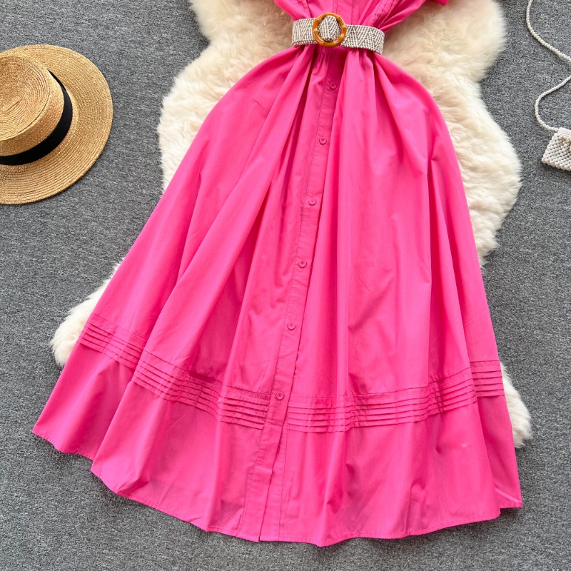 Đầm Dáng Chữ a Cổ Bẻ Tay Phồng Cột Dây Một Hàng Nút Thời Trang Mùa Hè Hàn Quốc Cổ Điển Thanh Lịch Dành Cho Bạn Nữ