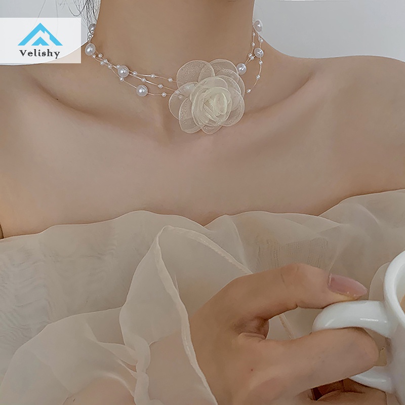 Velishy Vòng Cổ choker Đính Hoa Trà Và Ngọc Trai Lãng Mạn Cho Nữ