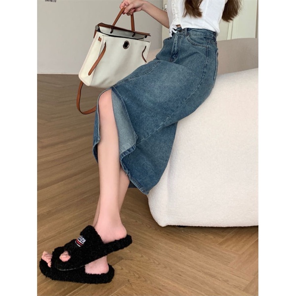 Cozok Chân váy jean Xẻ Tà Lưng Cao Vừa Thời Trang retro Đơn Giản