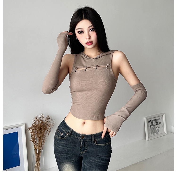 Klalien y2k Áo Sát Nách Có Mũ Trùm Đầu Phối Khóa Kim Loại Khoét Rỗng Đơn Giản Thời Trang Cho Nữ