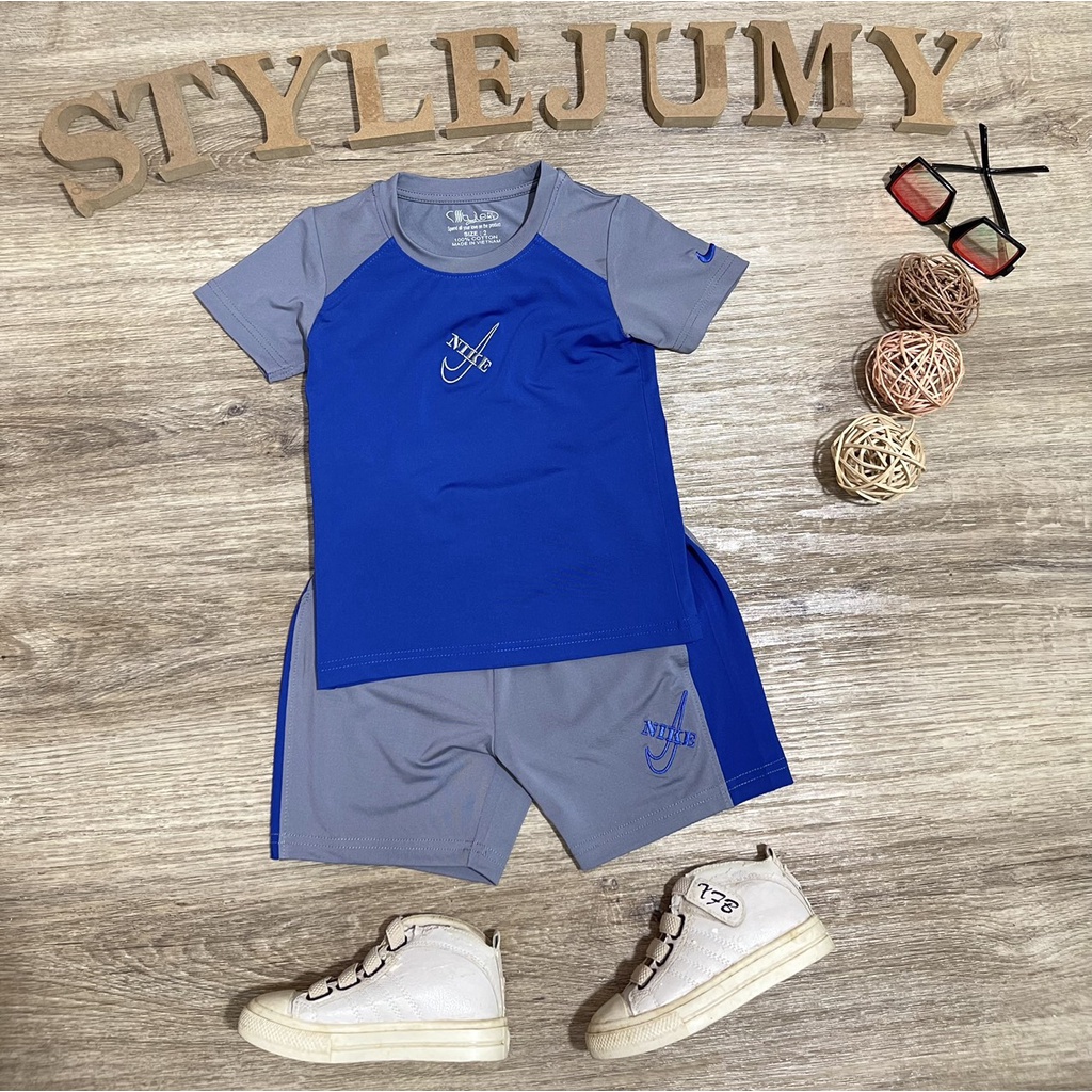 Size 1-12  - Bộ đồ bé trai thun lạnh thể thao có tay quần đùi thêu logo N-I-K-E  }