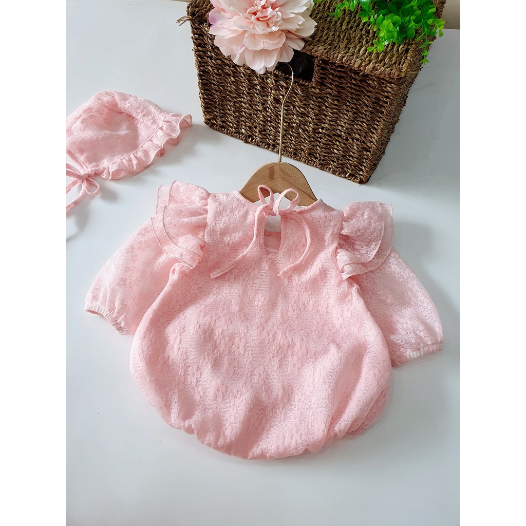 Bodysuit Cho Bé Gái Sơ Sinh Dài Tay Body Chip Cho Bé Màu Hồng Ren Hoa Nút Chéo Váy Cho Bé Gái