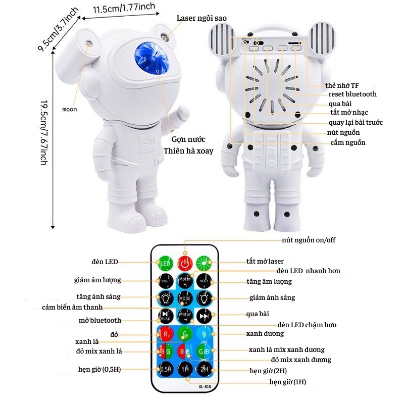 ĐÈN PHI HÀNH GIA MINI CÓ LOA, ĐÈN GALAXY THIÊN HÀ CHIẾU TRĂNG, MÂY VÀ SAO, CHẾ ĐỘ NHÁY THEO NHẠC