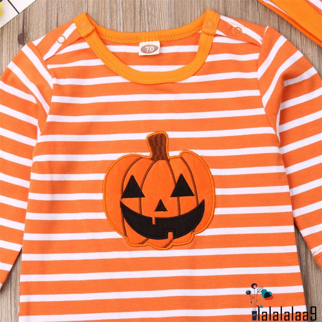 La-baby Bộ Áo Liền Quần Tay Dài In Họa Tiết Bí Ngô Kẻ Sọc Và Mũ beanie Mùa Thu Cho Bé Trai Sơ Sinh