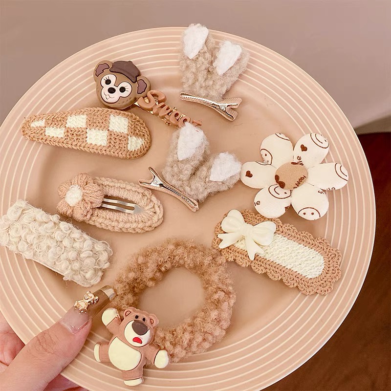 Set 10 Kẹp Tóc Nơ Màu Cà Phê Sữa Gấu Thỏ Dễ Thương Phong Cách Hàn Quốc Cho Bé Gái