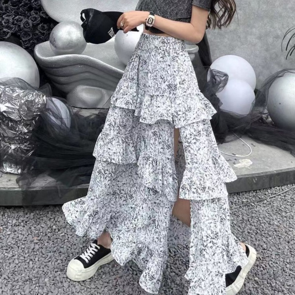 Bộ Áo Ngắn Tay Ôm Dáng + Chân Váy Hoa Lưng Thun Xẻ Tà Xinh Xắn Dành Cho Nữ