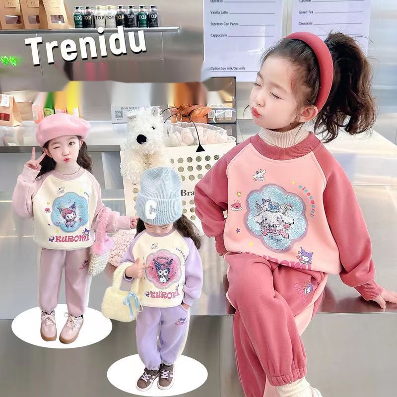 Set Đồ Thu Đông Hai Món Lót Nhung Dày Dặn Đính Kim Sa Họa Tiết Hoạt Hình Dễ Thương Cho Bé Gái