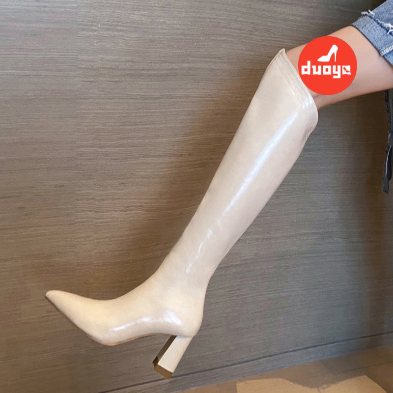 Hairory Thẳng ~  Giày Bốt Cao Qua Gối Mũi Nhọn Dày Dặn Màu Trắng Cho Nữ