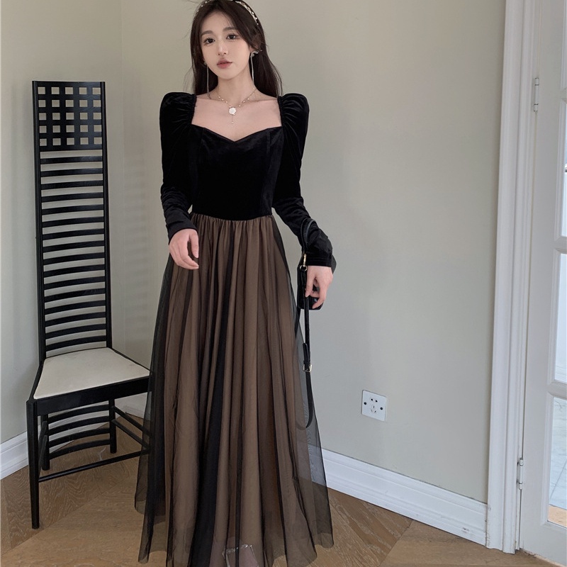 Đầm Dài Tay Phối Lưới Phong Cách Pháp Thời Trang Mùa Thu Cao Cấp Cho Nữ