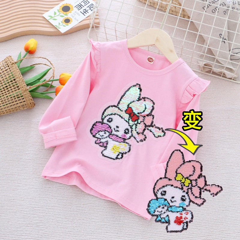 Áo Thun cotton Tay Dài Đính Kim Sa Thay Đổi Màu Sắc Họa Tiết Hoạt Hình Dành Cho Bé Gái