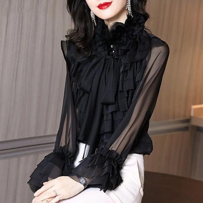 Áo Sơ Mi Voan Phối Bèo Thắt Nơ Xinh Xắn Thời Trang Cho Nữ