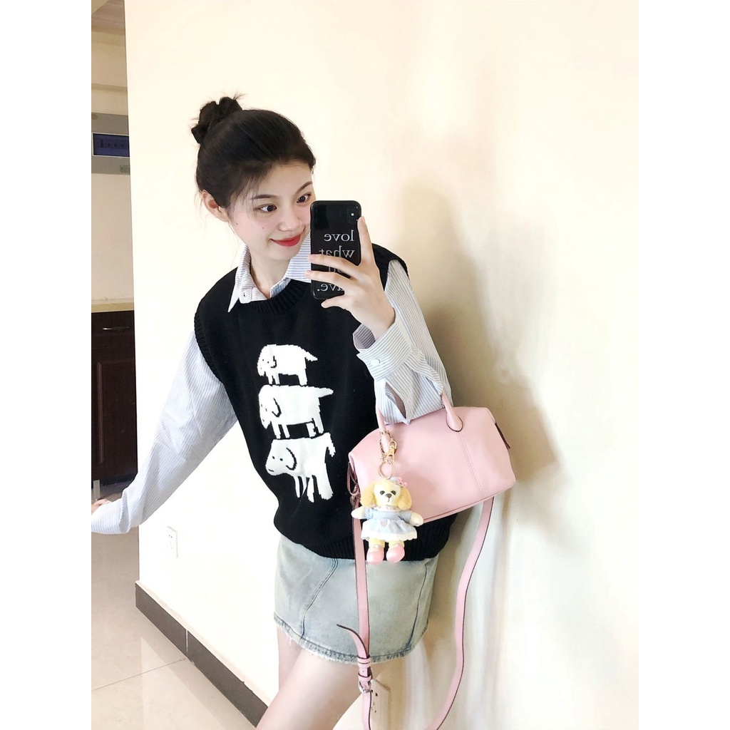 Set Áo Len Không Tay + Áo Sơ Mi Kẻ Sọc Dài Tay + Áo Khoác Ghi Lê Thời Trang Nữ