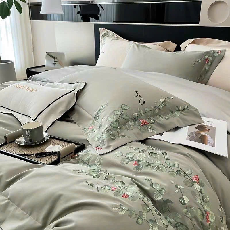 Bộ chăn ga gối Lụa thêu hoa Milky Way màu mint