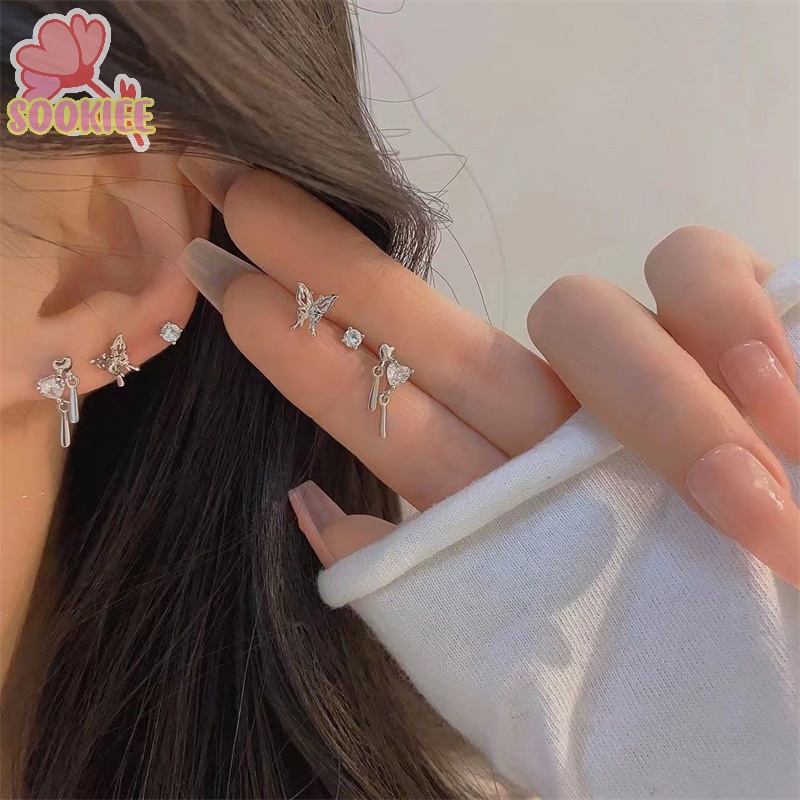 1 set Bông Tai Pha Lê Hình Trái Tim / Bướm Thời Trang Lãng Mạn Cho Nữ