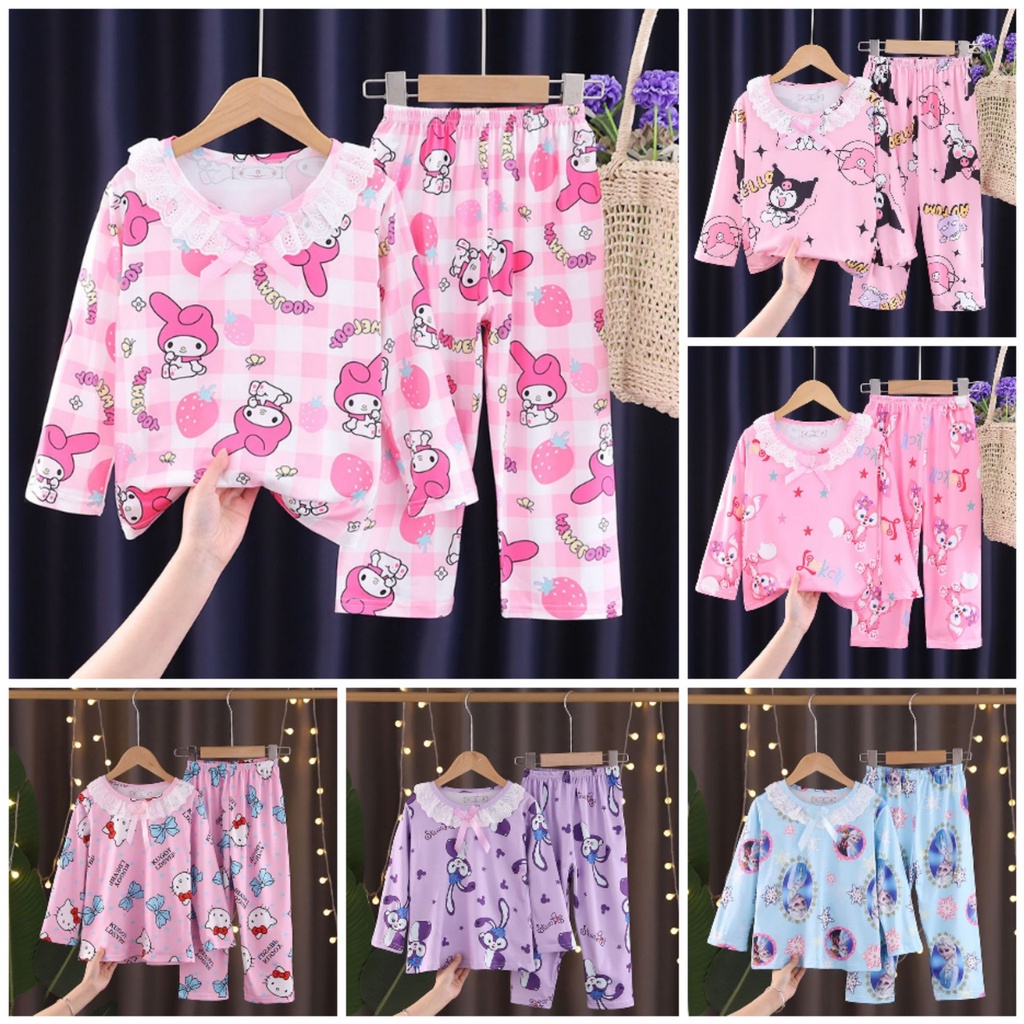 Bộ Đồ Ngủ Kuromi Hello Kitty Tay Dài In Hình Xinh Xắn Pijama Cho Bé Gái