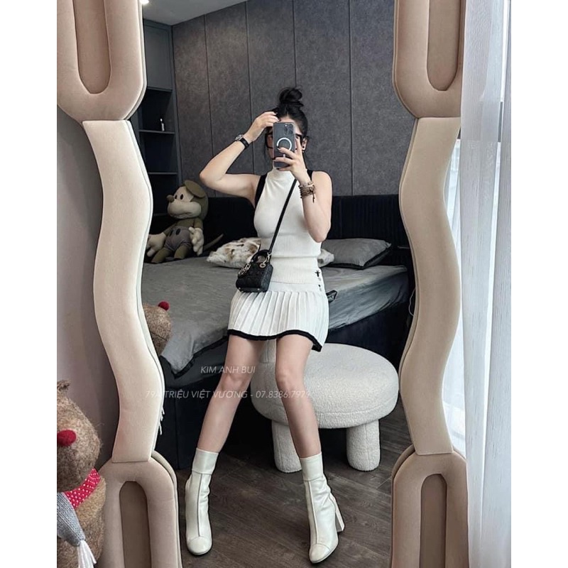 SET ÁO LEN SÁT NÁCH + CHÂN VÁY THÊU ONG  PHONG CÁCH HÀN QUỐC DÀNH CHO NỮ