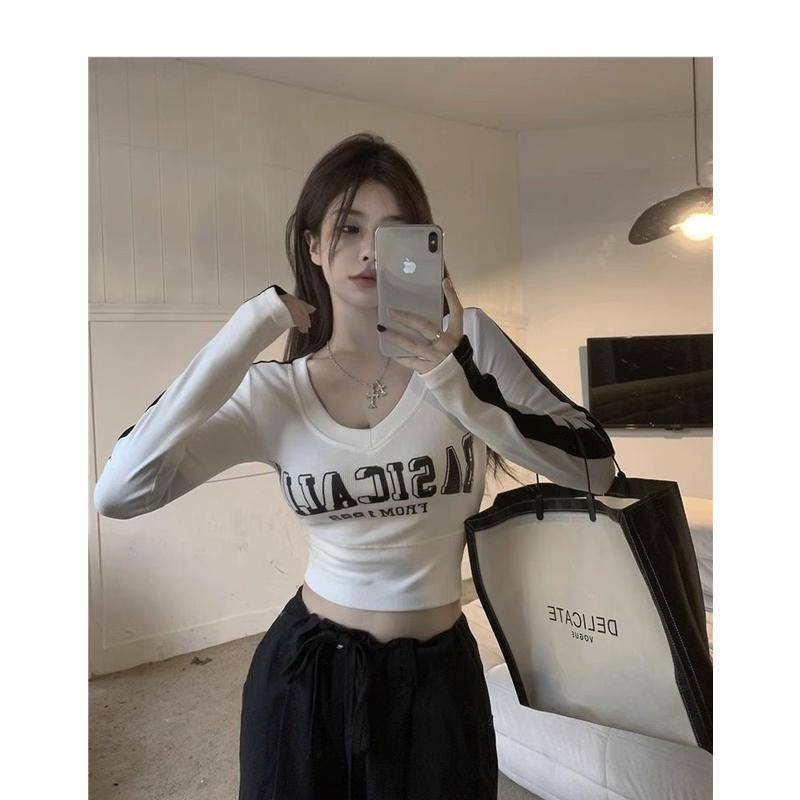 Áo Thun Tay Dài Cổ Chữ v Ghép Màu Tương Phản Phong Cách Mới Mùa Xuân Thu 79 House