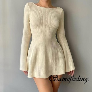 Đầm Chữ a Tay Dài Cổ Tròn Hở Lưng Màu Trơn Thời Trang Dự Tiệc Cho Nữ