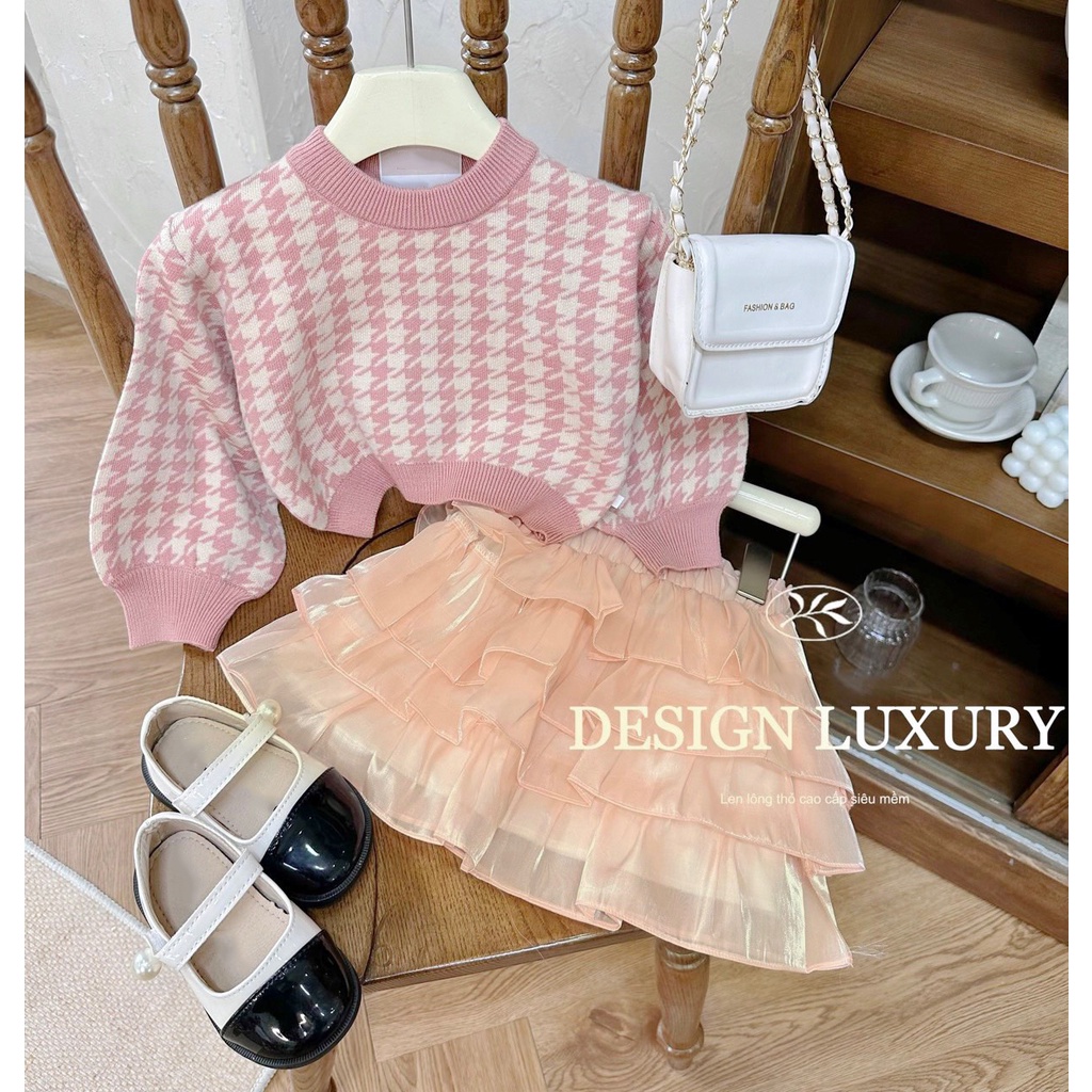 Set áo len + chân váy tơ cho bé gái 10-20kg mặc mùa đông 2023 đi chơi, đi học
