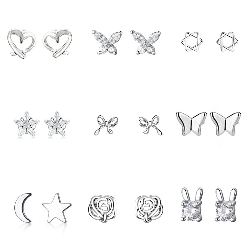 Bông Tai Mạ Bạc 17km Hình Trái Tim / Bướm / Hoa Đính Đá zircon Đơn Giản Thời Trang Cho Nữ