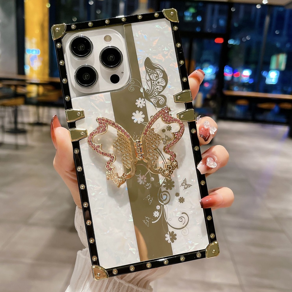 Ốp Điện Thoại Hình Vuông Họa Tiết Hoa / Bướm / Ốc Sên Kèm Giá Đỡ Cho oppo a94 reno 4 5 5f 6 7 7z 8z 6z 8 8