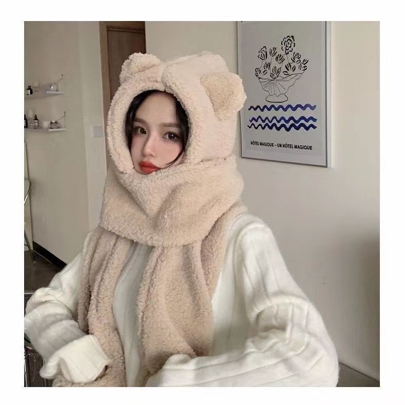 Mũ Trùm Đầu Kèm Khẩu Trang Chống Gió Giữ Ấm Tai Hình Gấu Dễ Thương