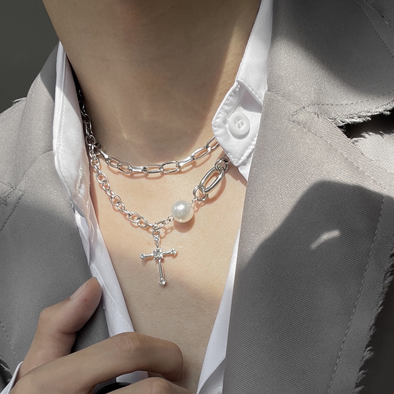 Vòng cổ Chuỗi Hạt Ngọc Trai Mặt Thánh Giá Phong Cách hip hop Cho Nam