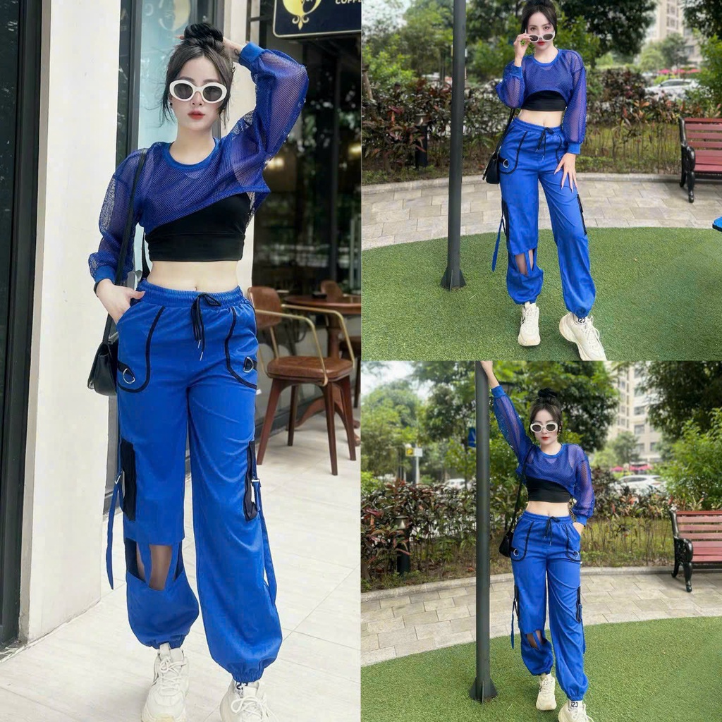 Sét 3 chi tiết  áo bra + áo lưới dài tay + quần jonger cá tính thể thao tập gym, zumba, erobic ,...