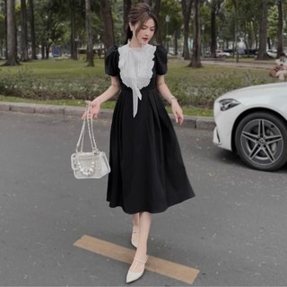 Đầm tiểu thư A469 chất mango lót lụa cổ tròn thắt nơ phối bèo trắng họa tiết dáng dài form xòe freesize KimHoa77