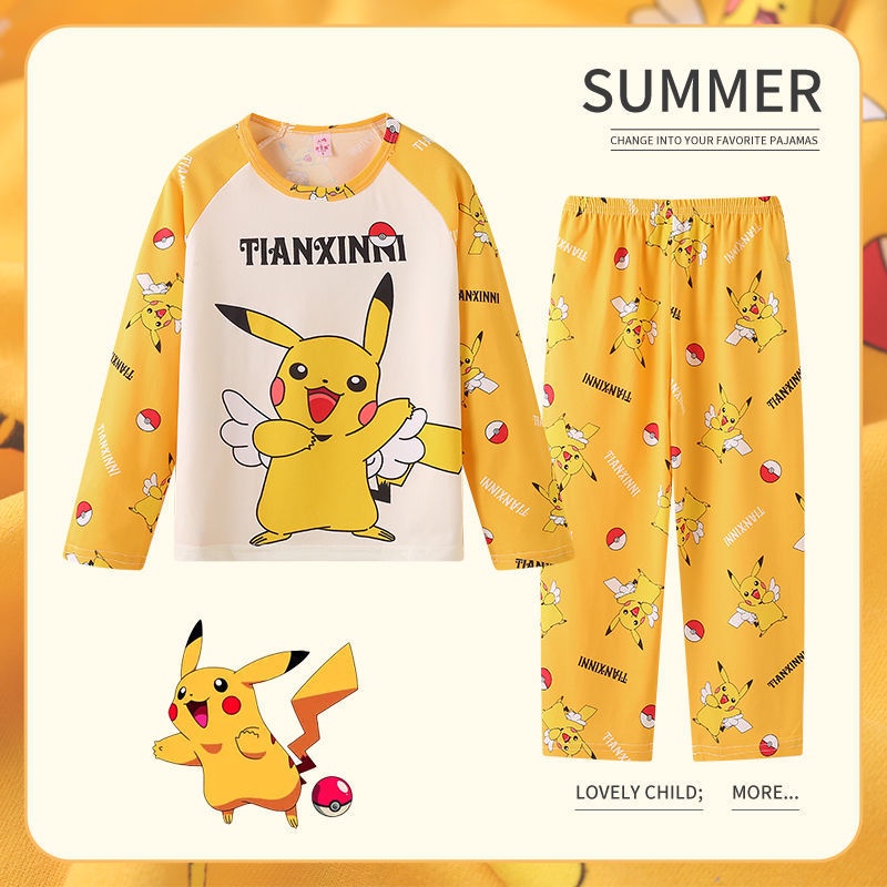 Hoạt Hình Bộ Đồ Ngủ 2 Món Gồm Áo Tay Dài + Quần Dài In Hình pikachu Cho Bé Trai