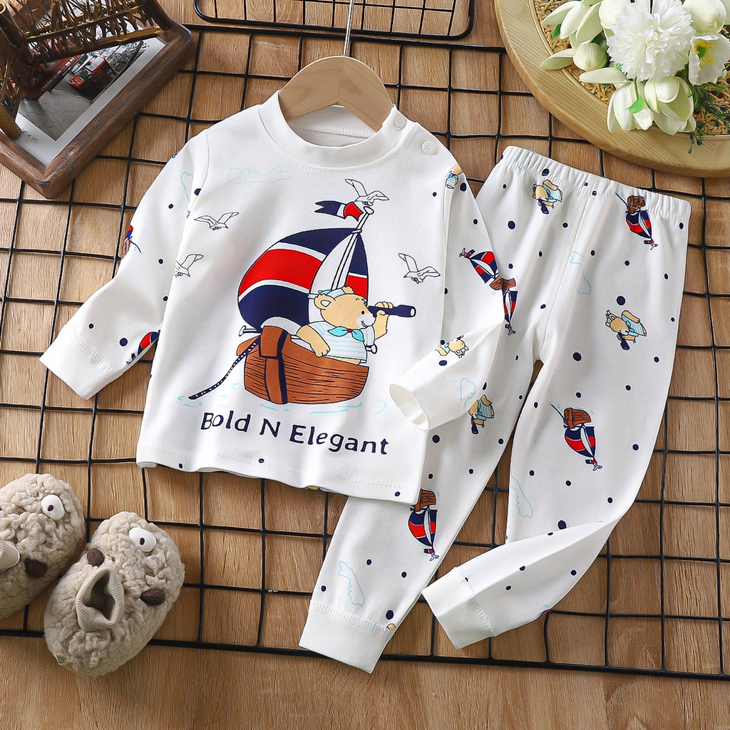 Hoạt Hình Bộ Đồ Ngủ 2 Món Vải cotton Tay Dài In Hình Gấu teddy Dễ Thương Cho Bé