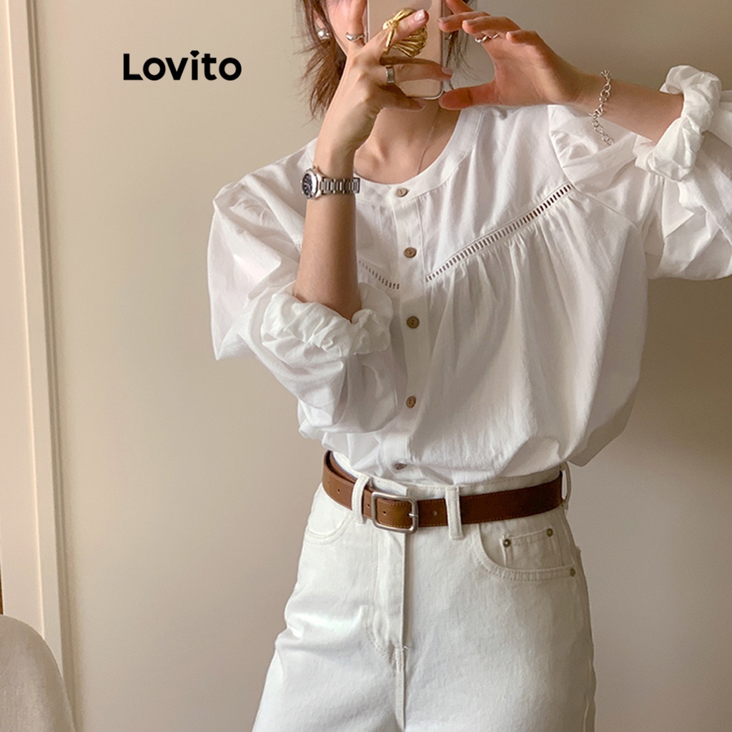Lovito Áo sơ mi trơn đính nút phía trước thông thường dành cho nữ LNE26067