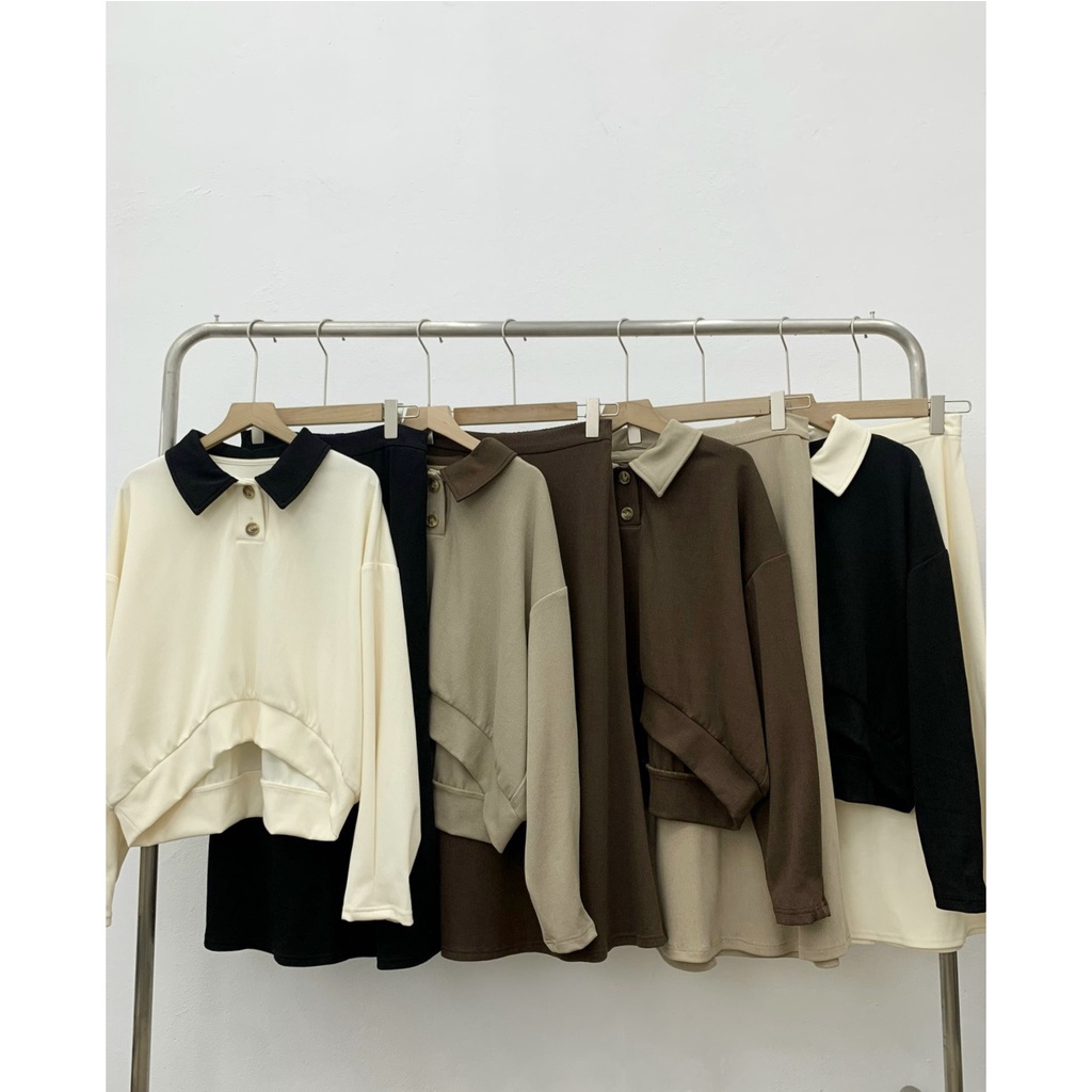 Set áo cổ polo phối màu viền lượn kèm chân váy dài xoè nhẹ S622 SUSSTORE